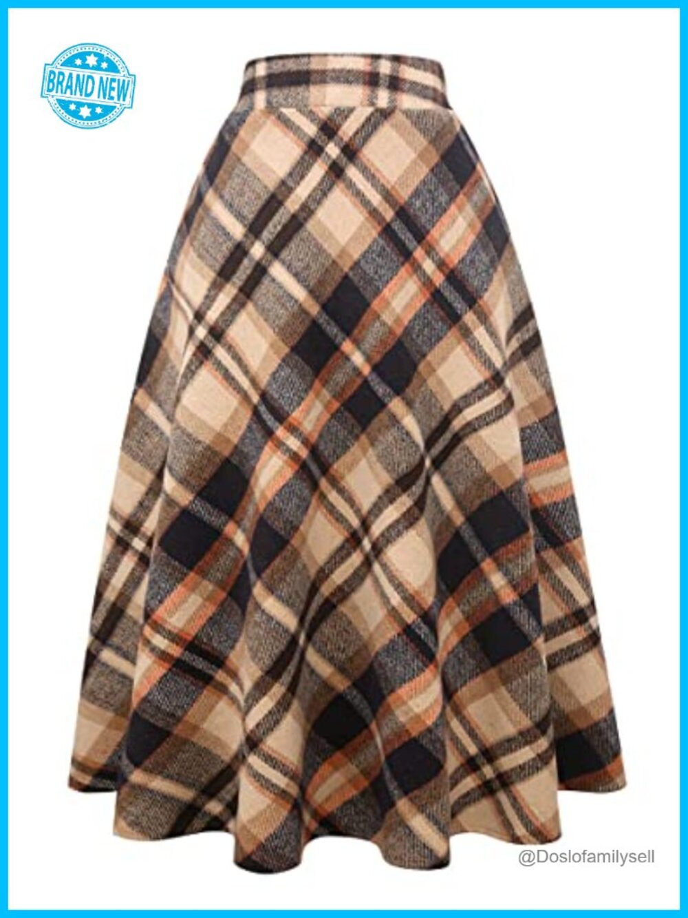 Womens Wool Plaid A-Line Pleated Maxi Skirt Elastic Waist